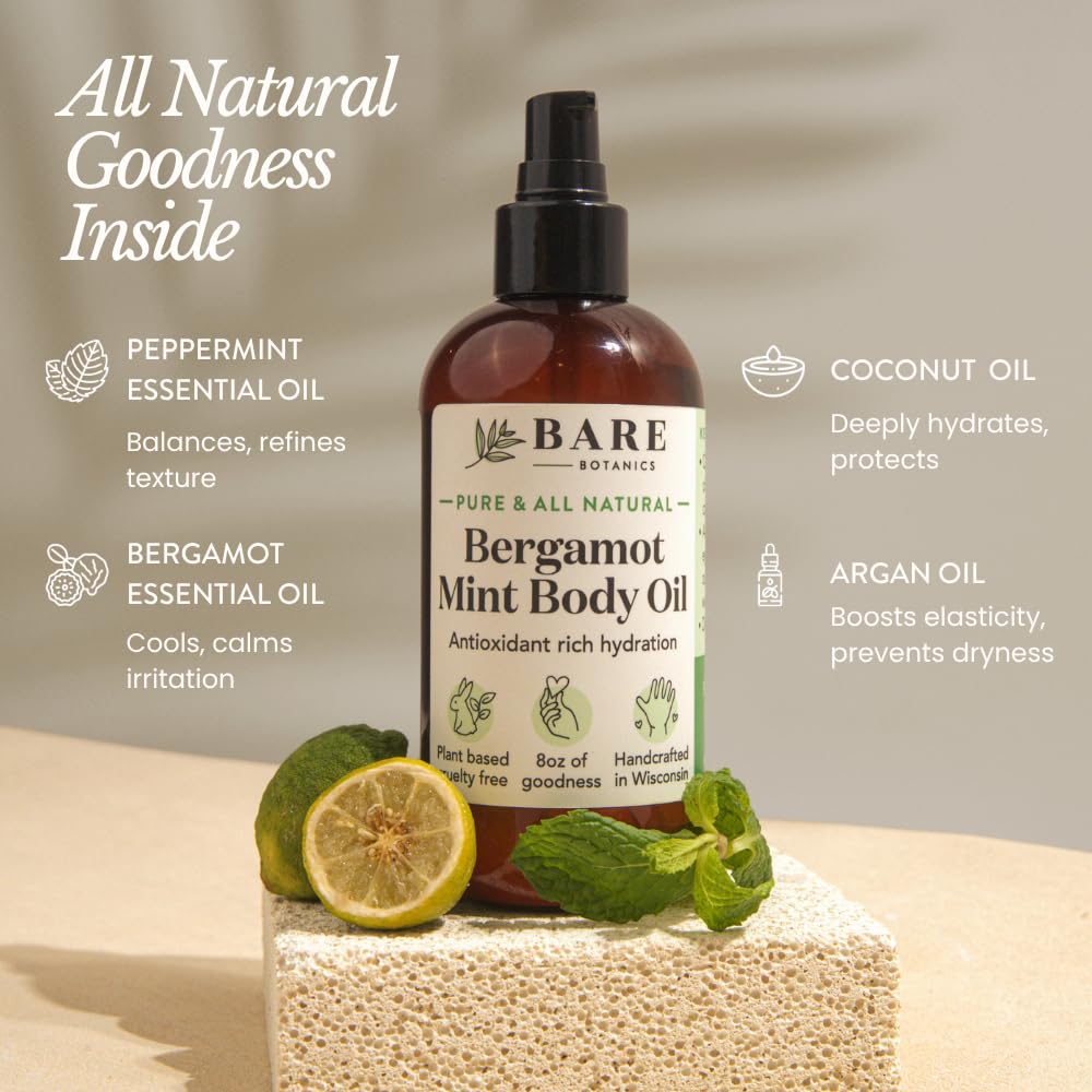 BARE BOTANICS 8 oz Moisturizing Mint Body Oil - 100% Pure & Natural for Skin & Nails - Perfect for Moisturization - Vegan, Cruelty Free & Naturally Scented Hair Oil - Image 3
