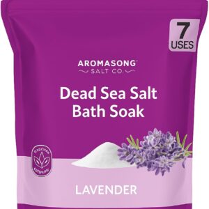 Aromasong Dead Sea Salt for Soaking with Natural Lavender Essential Oil – 14 Oz. Spa Bath Salt Fine Grain 7 Uses Per Pack – for Body Wash Scrub – Soak for Women & Men for Tired Muscles & Skin Issues