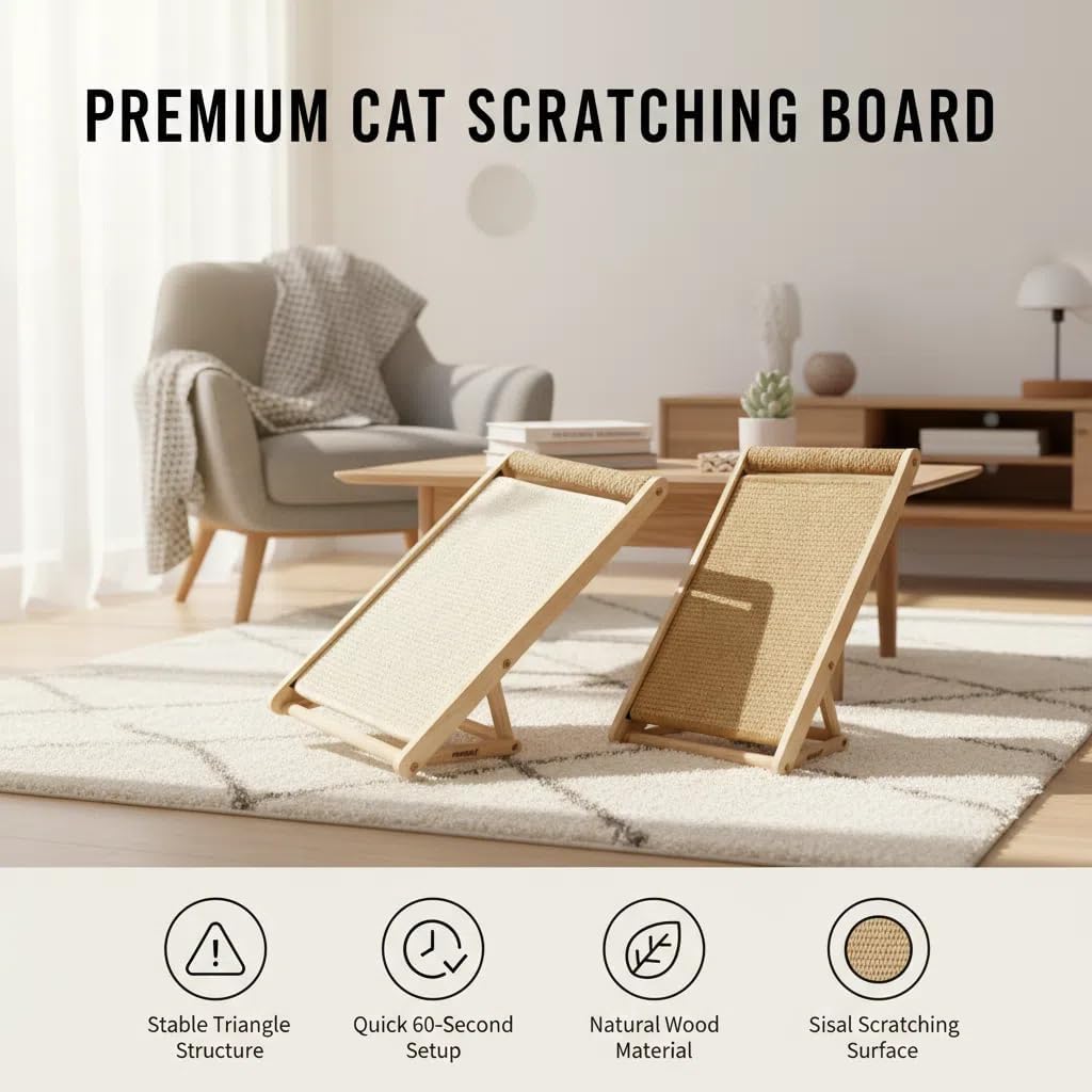 Cat Scratching Pad with 100% Sisal, Stable Triangle Design, 2-Step No-Tool Assembly, 22" Wooden Ramp to Protect Furniture & Sofa, Natural Incline Board for Indoor Cats (Brown) - Image 4