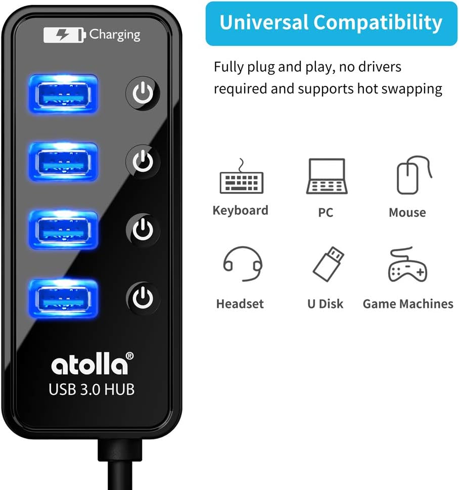 Atolla 4-Port USB 3.0 Hub with 4 Data Ports, 1 Smart Charging Port, Individual On/Off Switches and 5V/3A Adapter - Image 3