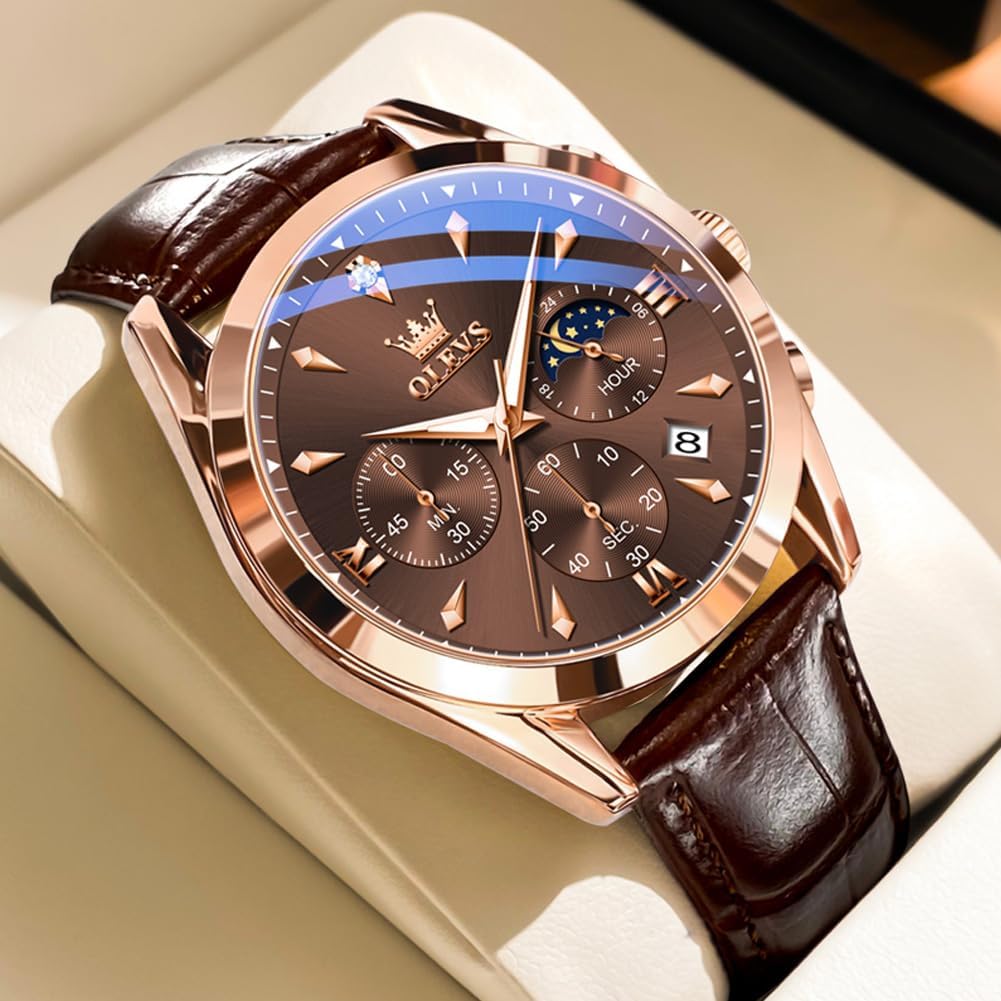 OLEVS Men's Leather Analog Quartz Watch - Luxury Chronograph Wristwatch with Date, Waterproof, Luminous - Dress Style - Image 6