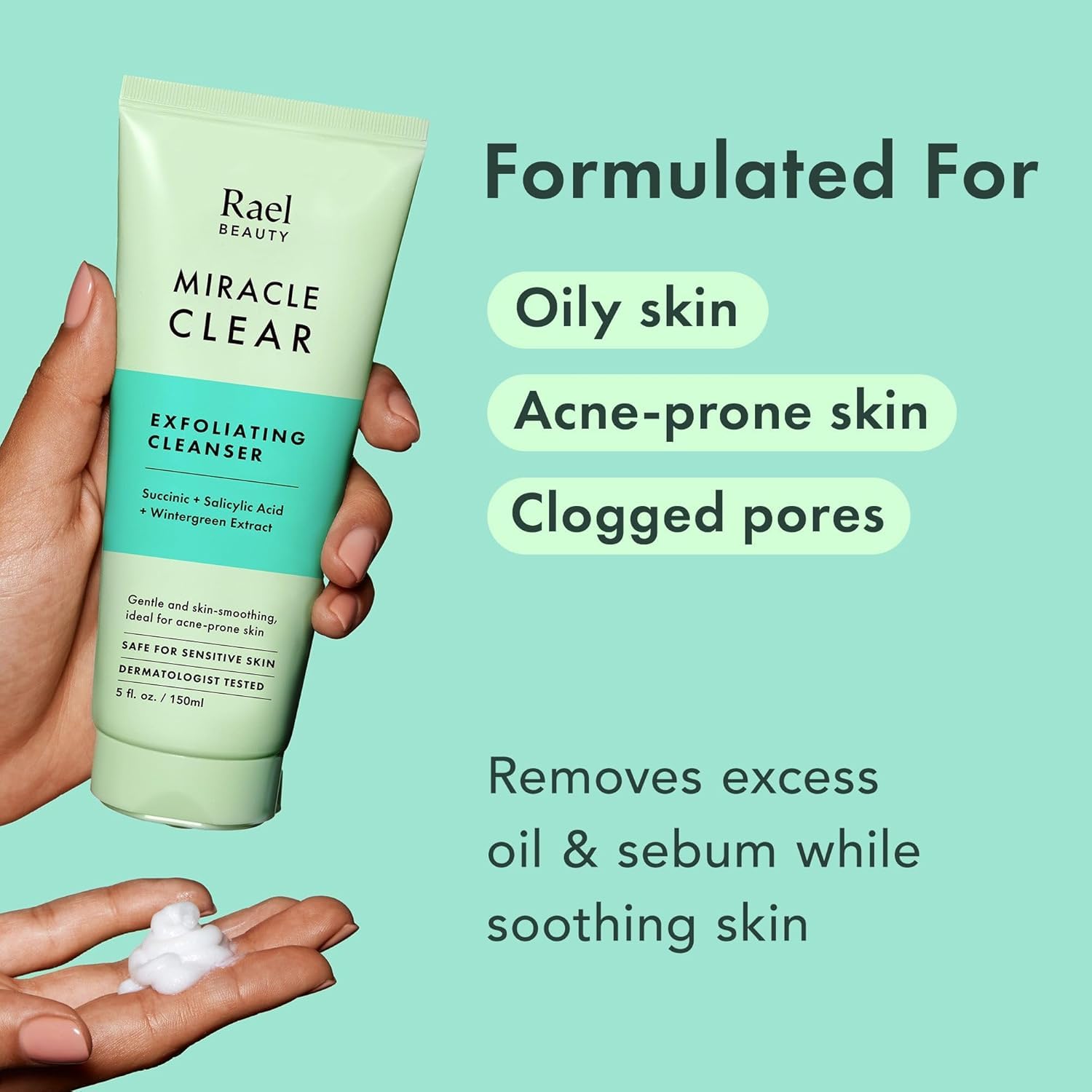 Rael Miracle Clear Facial Cleanser – Makeup Remover, Daily Face Wash, Gentle Deep Pore Cleansing Korean Skin Care for Oily & Combination Skin (Exfoliating Cleanser, 5.1 fl. oz) - Image 3