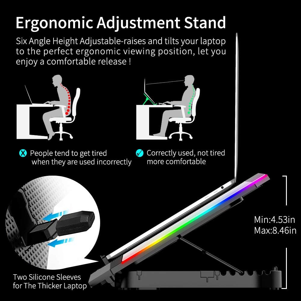 ICE COOREL Gaming Laptop Cooling Pad 15-17.3 Inch, Laptop Fan with 6 RGB Cooling Fans, Laptop Cooling Stand with 6 Height Adjustable, Laptop Cooler with LCD Screen, 2 USB Ports, Phone Stand - Image 4