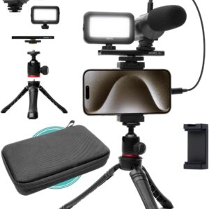Movo USB-C Vlogging Kit for iPhone 15/16 – Phone Video Kit Accessories: Phone Tripod, Phone Mount, LED Light and Shotgun Microphone – Youtube Starter Kit for Content Creation, TikTok, Podcasts