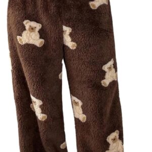 Verdusa Girl’s Comfy Pants Fall Winter Clothes Cartoon Bear Fuzzy Baggy Pants Wide Leg Fleece Trousers