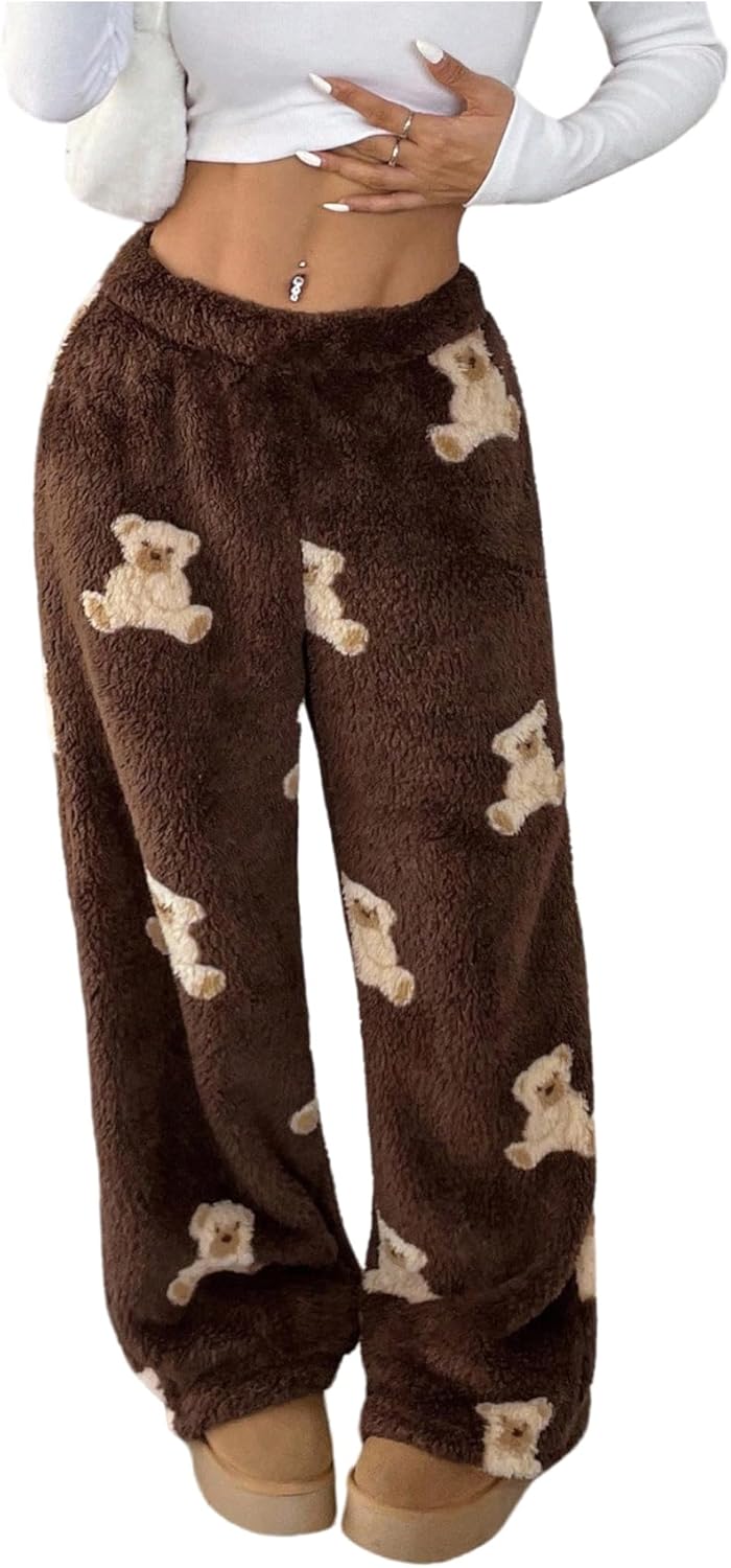 Verdusa Girl's Comfy Pants Fall Winter Clothes Cartoon Bear Fuzzy Baggy Pants Wide Leg Fleece Trousers