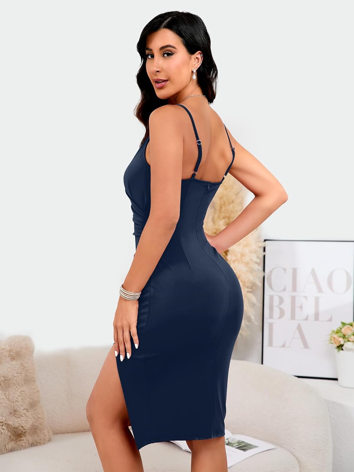 WAYMAKER Women's Sexy V Neck Spaghetti Strap Sleeveless Wrap Ruched Side Slit Bodycon Cocktail Party Wedding Guest Dress - Image 3