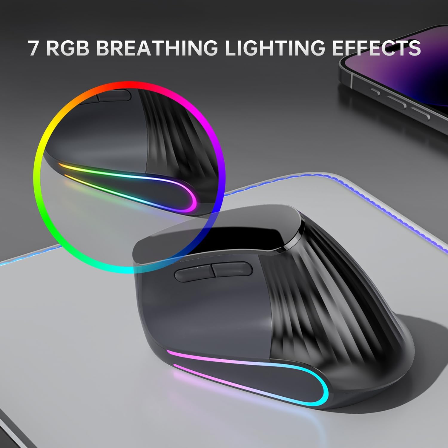Ergonomic Vertical Mouse Wireless, Bluetooth Ultra-Fast Scrolling 4800 DPI Rechargeable Ergo Mouse, 2.4G Quiet Clicks 6 Buttons RGB Optical Mice, 3 Multi-Device Connectivity for Mac, Laptop - Black - Image 7