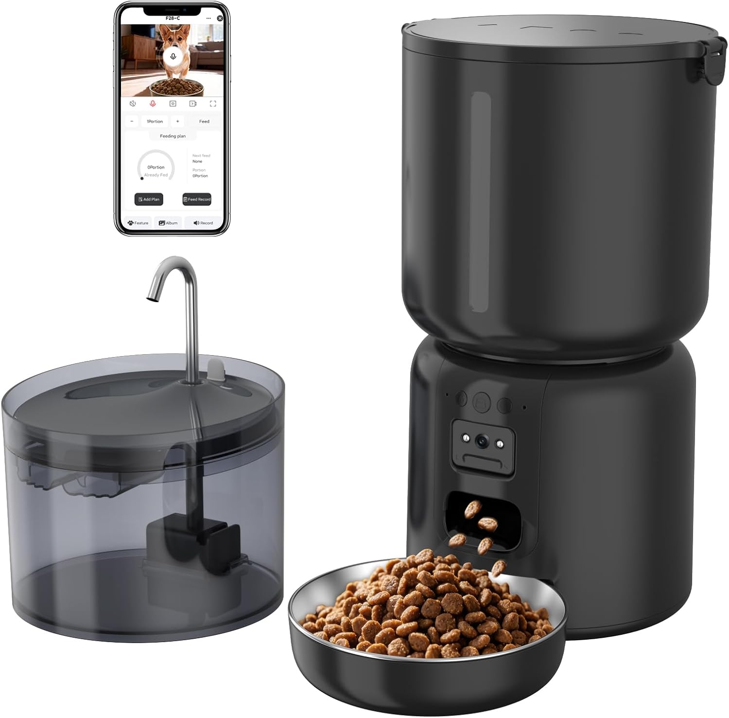Automatic Cat Feeder and Waterer Set, 4L App Control Smart Cat Feeder with 2MP Camera, WiFi, Anti-Clog for Mix Food, 2.2L Filtered Pet Water Fountain with LED Light, Stainless Steel Bowl, Dual Power