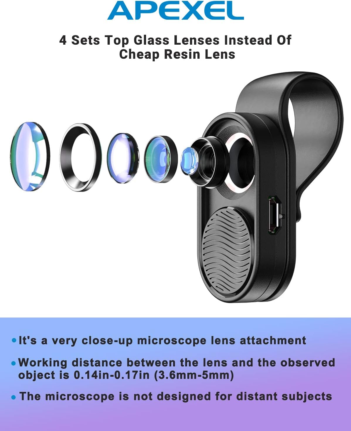 APEXEL Nano Zoom 100x Phone Micro Lens with LED Light for Smartphone - Pocket Microscope & Camera Lens Attachment - Image 2