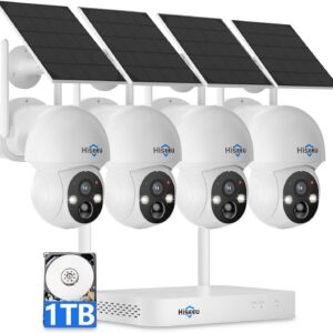 Hiseeu Solar Camera Wireless Outdoor, Home Security Camera System, 2.4G & 5G WiFi, Solar-Powered 4MP 4 Cam-Kit, Color Night Vision, 360° View, Pan & Tilt, 1TB HDD Local Recording, No Subscription
