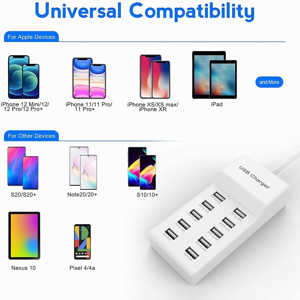 10-Port USB Wall Charger Station with Rapid Charging Auto Detect Technology Safety Guaranteed Family-Sized USB Ports for Multiple Devices Smart Phone Tablet Laptop Computer - Image 4