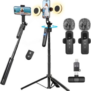 Content Creator Vlogging Kit for iPhone/Android,70-inch Auto Face Tracking Tripod for iPhone with Light and Wireless Microphones,TikTok/YouTube Starter Kit