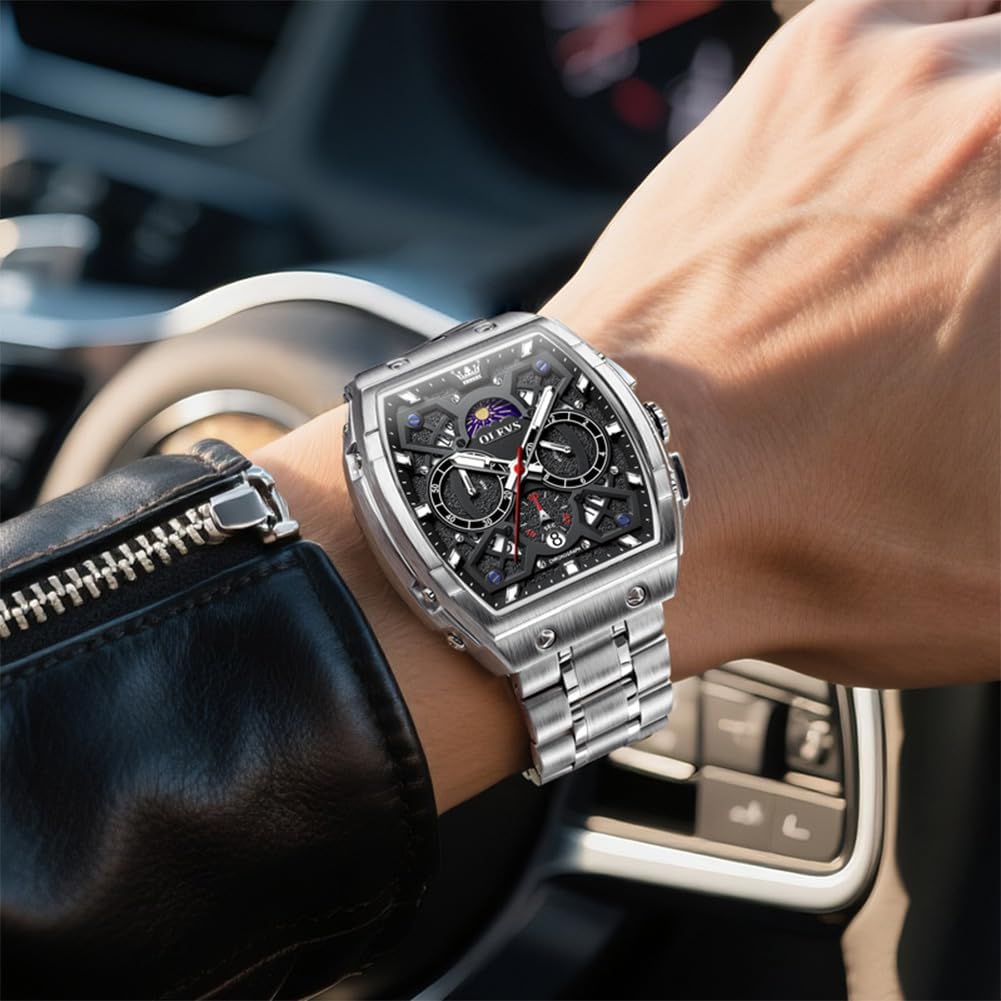 OLEVS Men Watches Business Dress Chronograph Big Square Quartz Analog Male Watch Silicone Strap Waterproof Date Gift Mens Wrsit Watch Silver - Image 2