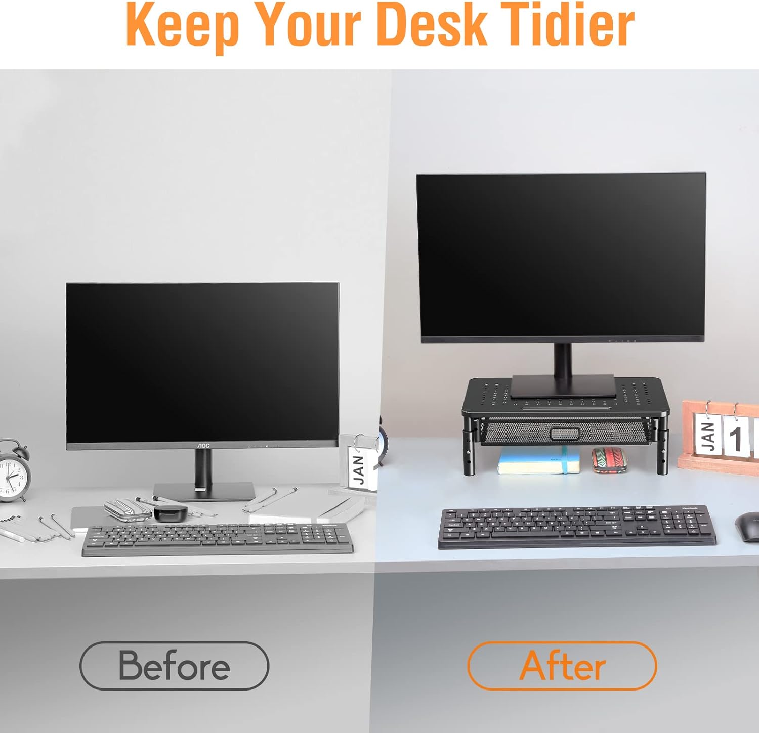 ELIVED 2 Pack Monitor Stand Riser with Drawer, 3 Height Adjustable with Larger Storage Space for Home and Office Supplies, Metal Desktop Stand for Laptop Computer Printer PC iMac - Image 8