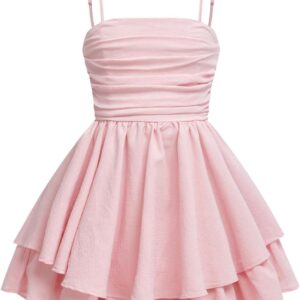 RoseSeek Girl’s Flowy Cami Dress Ruched Sleeveless Pink Layered Ruffle Kawaii Short Smocked Summer Dresses