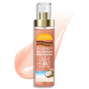 Body Glow Oil, SPF 45 PA+++, Sunscreen Body Oil with Rose Gold Mica, Moisturizing Coconut with Vitamin E, Glow Moisturizer, Lightweight, Water Resistant, 3.72 fl oz,ROSE