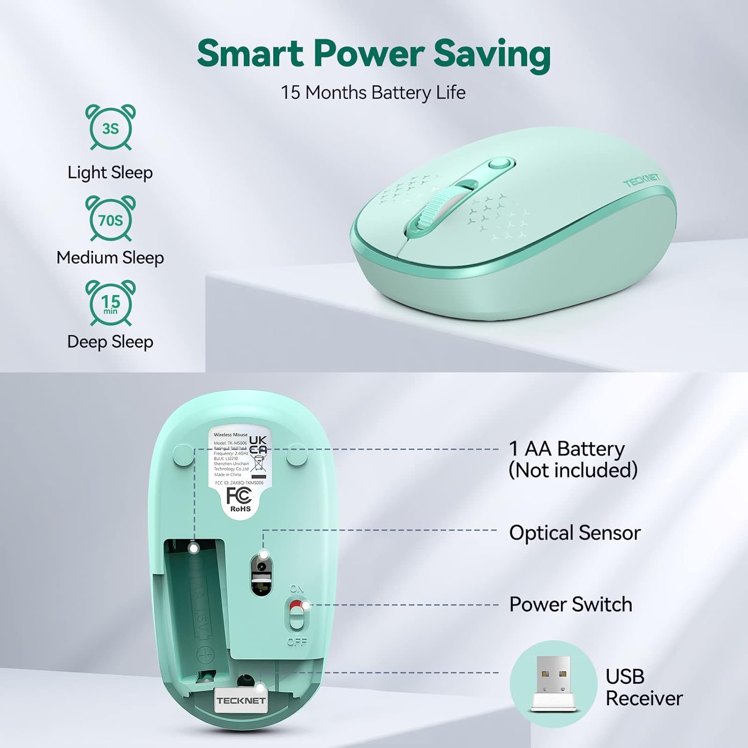 TECKNET Wireless Mouse for Laptop, 2.4G Quiet Computer Mouse with USB Receiver, 4 Buttons Portable Cordless Mice for Chromebook, Laptop, PC, Mac, 800/1200/1600 DPI - Mint Green - Image 6