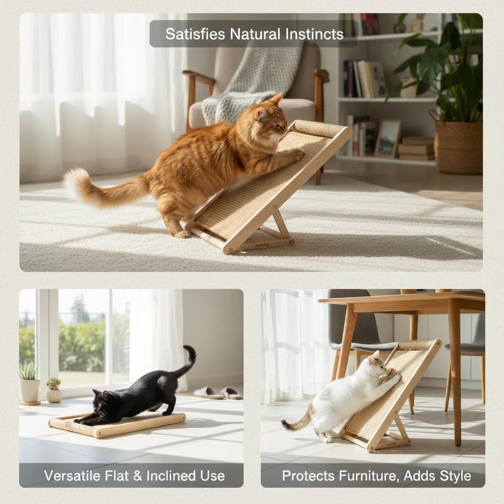 Cat Scratching Pad with 100% Sisal, Stable Triangle Design, 2-Step No-Tool Assembly, 22" Wooden Ramp to Protect Furniture & Sofa, Natural Incline Board for Indoor Cats (Brown) - Image 5