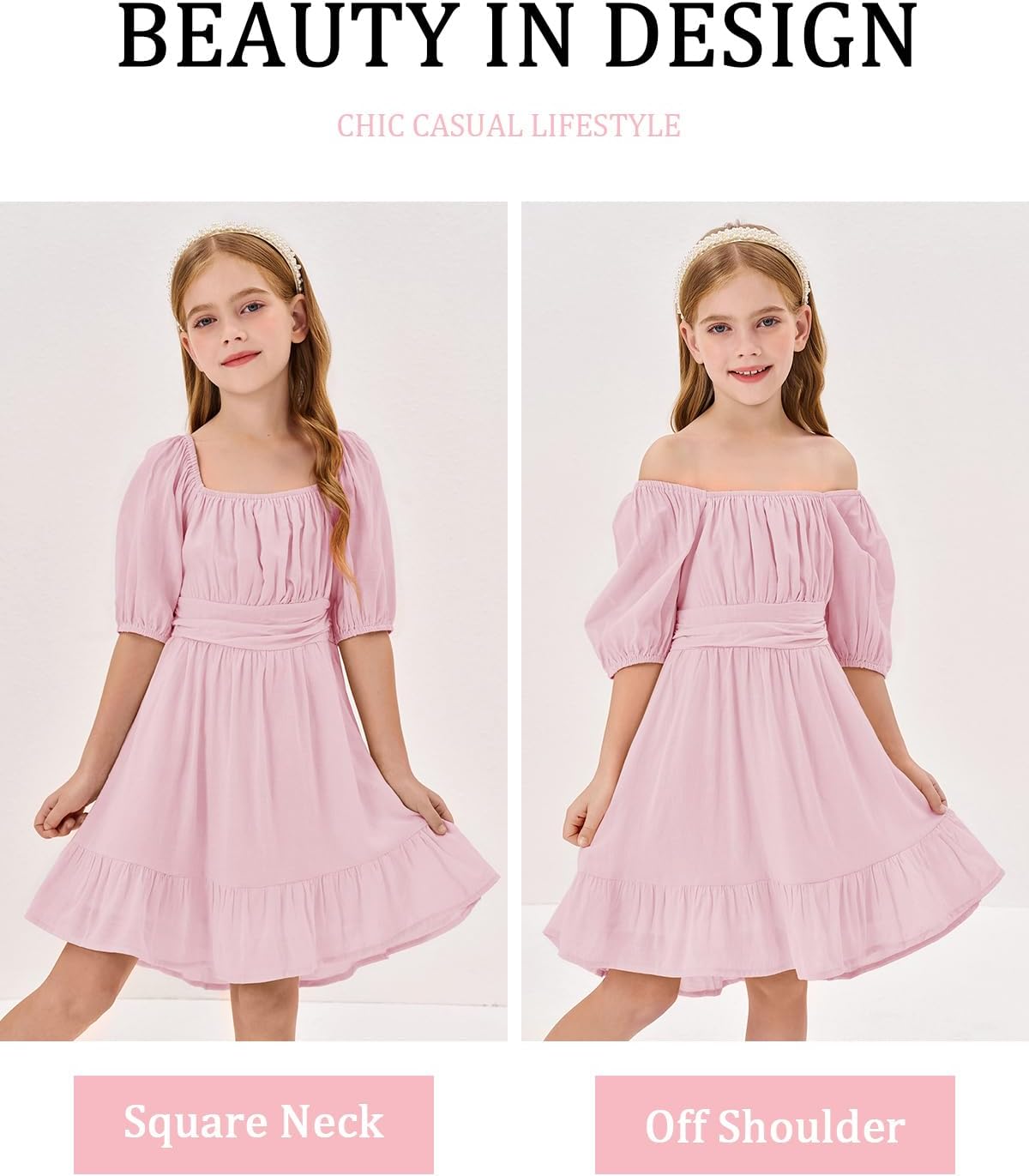 Girls Summer Dresses Square Neck Lantern Sleeve Tie Backless Ruffle A-Line Party Mini Dress - Image 4