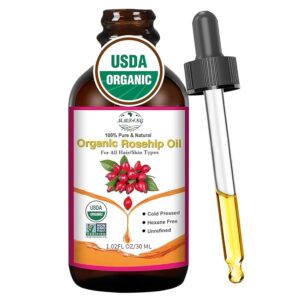 Organic Rosehip Seed Oil for Face, USDA Certified, Cold Pressed, Unrefined, 100% Pure Natural Rose Hip Oil for Anti-Aging, Acne Scar Treatment, Skin & Hair Care, Gua Sha Massage, 1 fl.oz / 30ml