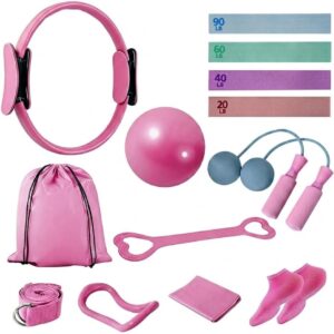 Home Pilates Kit for Women, Workout Set with 12.9″ Ring, 9.8″ Mini Ball, 4 Fabric Bands, Figure-8 Band, Stretch Band, D-Ring Strap, Cordless Jump Rope, Socks, Carry Bag