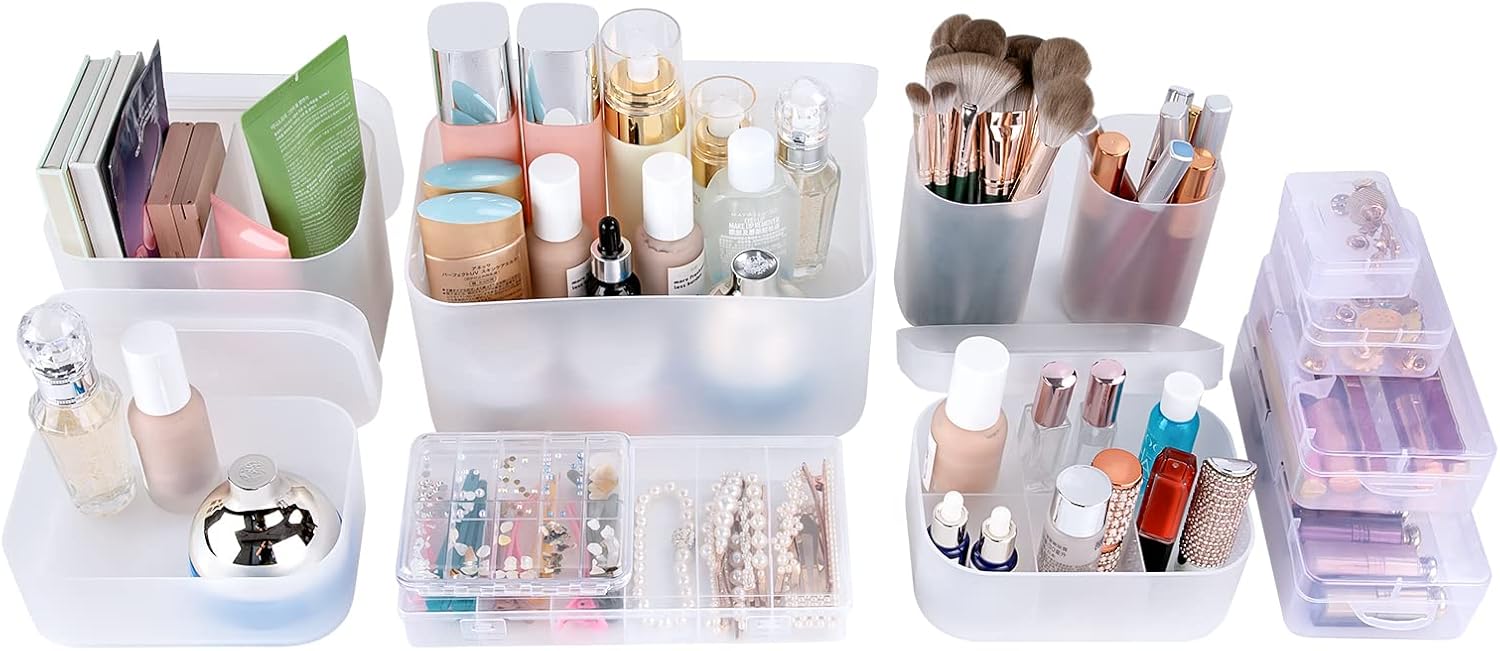 OCHEAL Makeup Organizer Case,Stackable Clear Makeup Organizer Holder, Multi-size Makeup Case Vanity Storage Holder Set for Makeup, Jewelry, toiletries,Makeup Artist Must Have