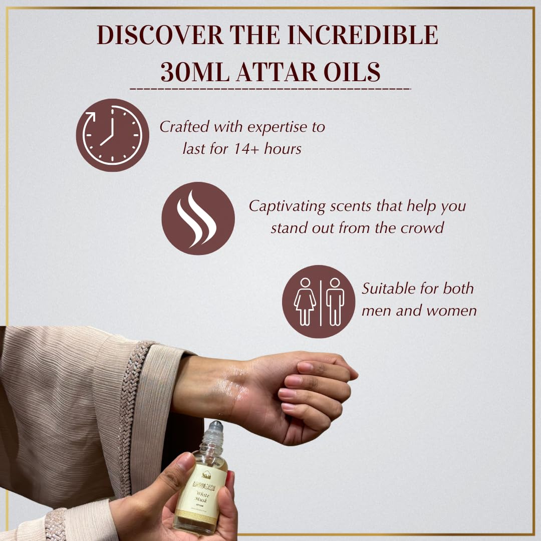 Dukhni White Musk Attar Oil Arabic perfume oils for men and women | 30ml Pure musky attar roll on perfume, alcohol free mild scent | Eid, Ramadan, Umrah Gifts & Hampers, Vegan Islamic Fragrances - Image 3