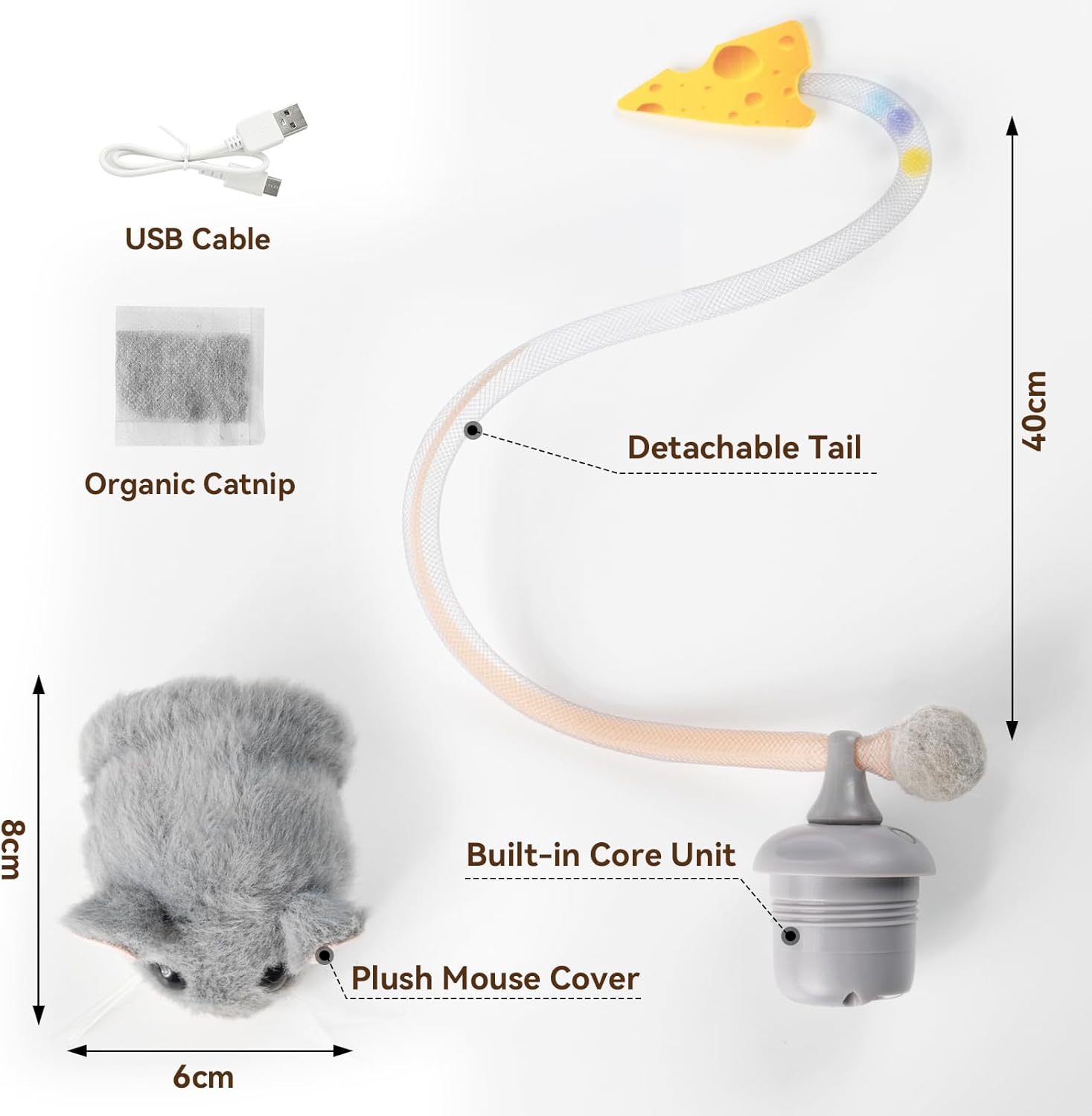 Migipaws Interactive MigiMouse Cat Toy 360° Rolling & Spin with Mesh Plastic Tail for Indoor Cats Smart Motion Sensor, Realistic Squeak, Rechargeable Plush Kitten Toy(Grey) - Image 7