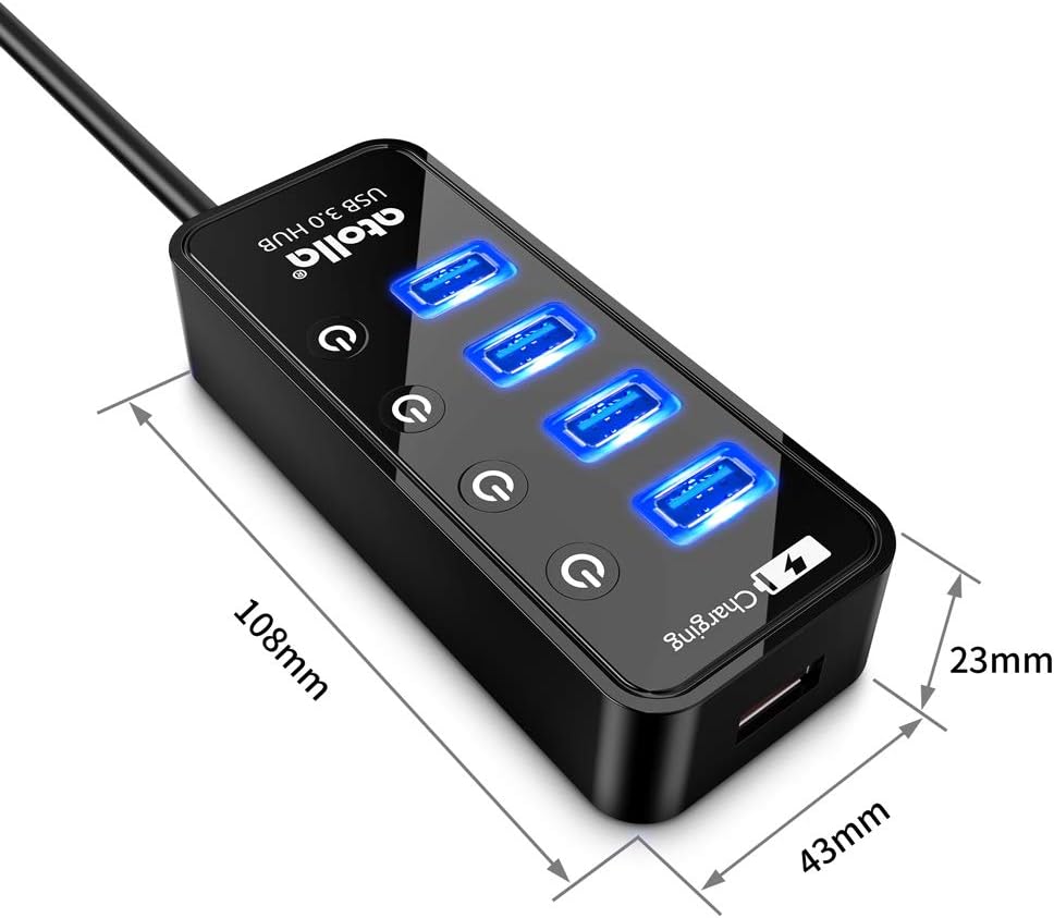 Atolla 4-Port USB 3.0 Hub with 4 Data Ports, 1 Smart Charging Port, Individual On/Off Switches and 5V/3A Adapter - Image 6