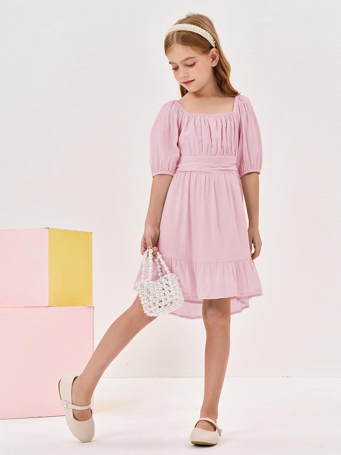 Girls Summer Dresses Square Neck Lantern Sleeve Tie Backless Ruffle A-Line Party Mini Dress - Image 6