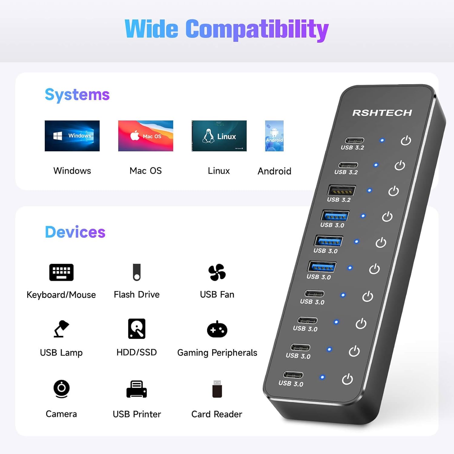 RSHTECH 10 Ports Powered USB 3.2/USB C Hub Splitter 60W with 3 x 10Gbps USB 3.2 Ports (2C + 1A),7 x USB 3.0 Ports (4C + 3A), 3.3ft Cable and Individual Touch Switches for Laptop PC - Image 8