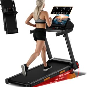 LONTEK Treadmills for Home with 15% Incline & Led Screen, 7-Layer Shock-Absorbing Foldable Treadmill with Handle Bar Up to 400lbs Capacity, 3.0HP Quiet Walking Pad Treadmill 0.6-7.5MPH