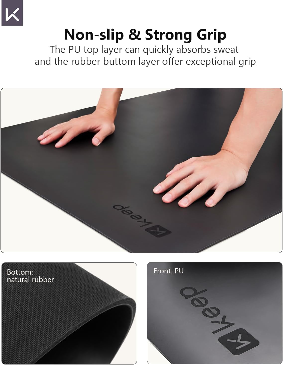 KEEP Rubber Yoga Mat - Professional Sweat Absorbent PU & Natural Rubber. Non Slip Workout Mats for Women & Men, 5mm Thick, 72"x26" Extra Long Wide Pad for Hot Yoga, Pilates, HIIT, Home Gym - Strap Included - Image 3