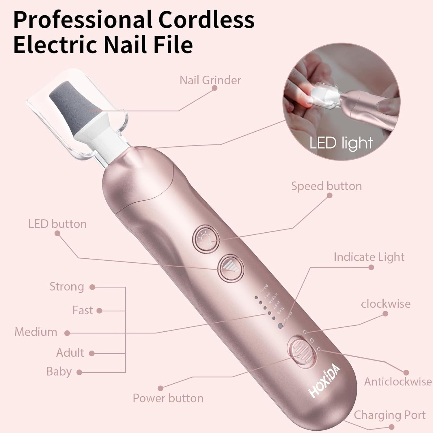 Manicure Pedicure Kit with Case, Professional Nail Grinder for Senior Thick Toenail, Cordless Electric Nail File, 5 Speeds Pedicure Tools for feet Callus Remover, Nail Drill for Women Hand Feet Care - Image 9