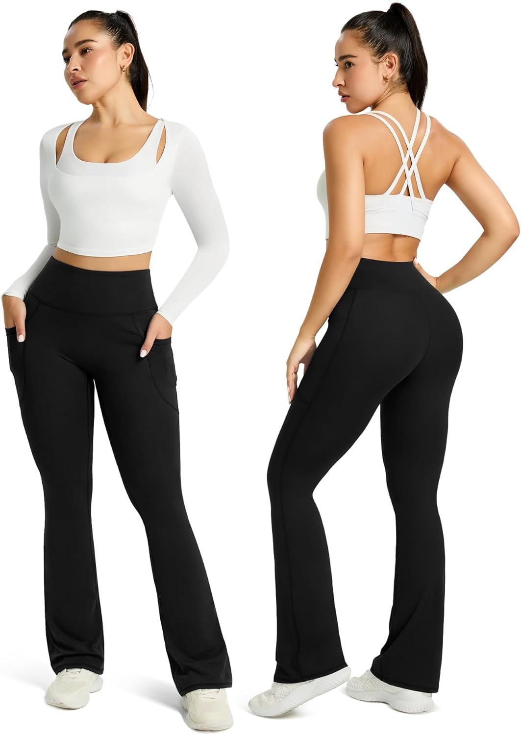 Womens Flared Yoga Pants with Pockets, High Waisted Flare Leggings Bell Bottom Bootcut Yoga Dress Pants - Image 6