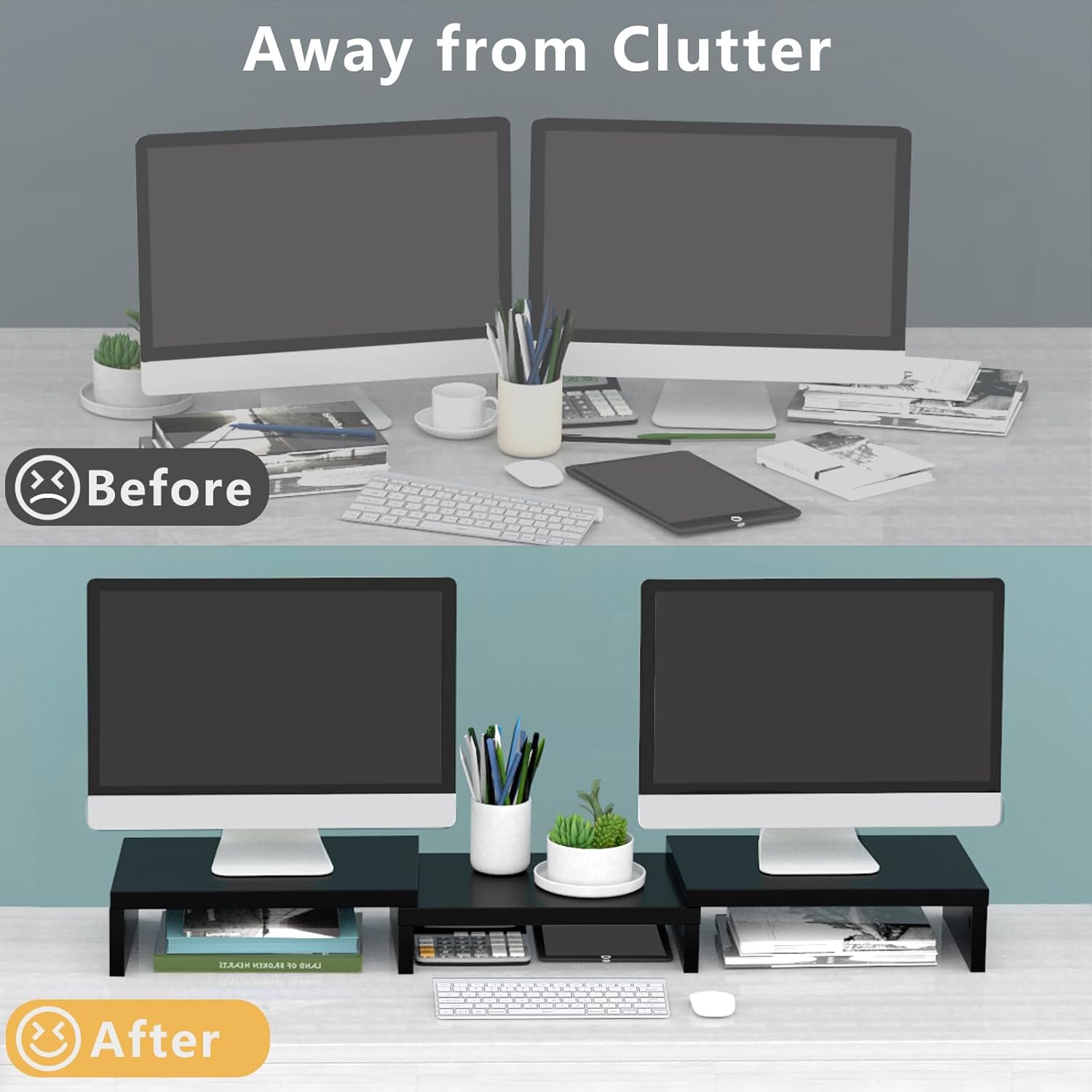 TAVR Dual Monitor Stand Riser Office Desktop Organizer Stand for 2 Monitors, Adjustable Length and Angle 3 Shelf, Extra Long Multifunctional Wooden Stand up to 43.3" fit Computer, Laptop, TV, Black - Image 2