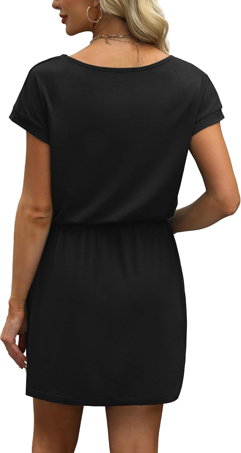 OFEEFAN Summer Dresses for Women 2026 V Neck T Shirt Casual Mini Dresses Tie Waist Sundresses with Pockets - Image 5