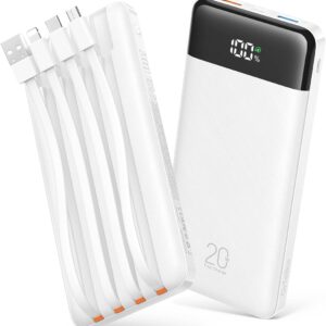 Orfeika 20000mAh Power Bank Fast Charging, Portable Charger with 4 Built-in Cables & 6 Outputs, 20W PD USB C Battery Pack Compatible with iPhone 16/15, Galaxy, Android, iPad & More (Travel Essential)