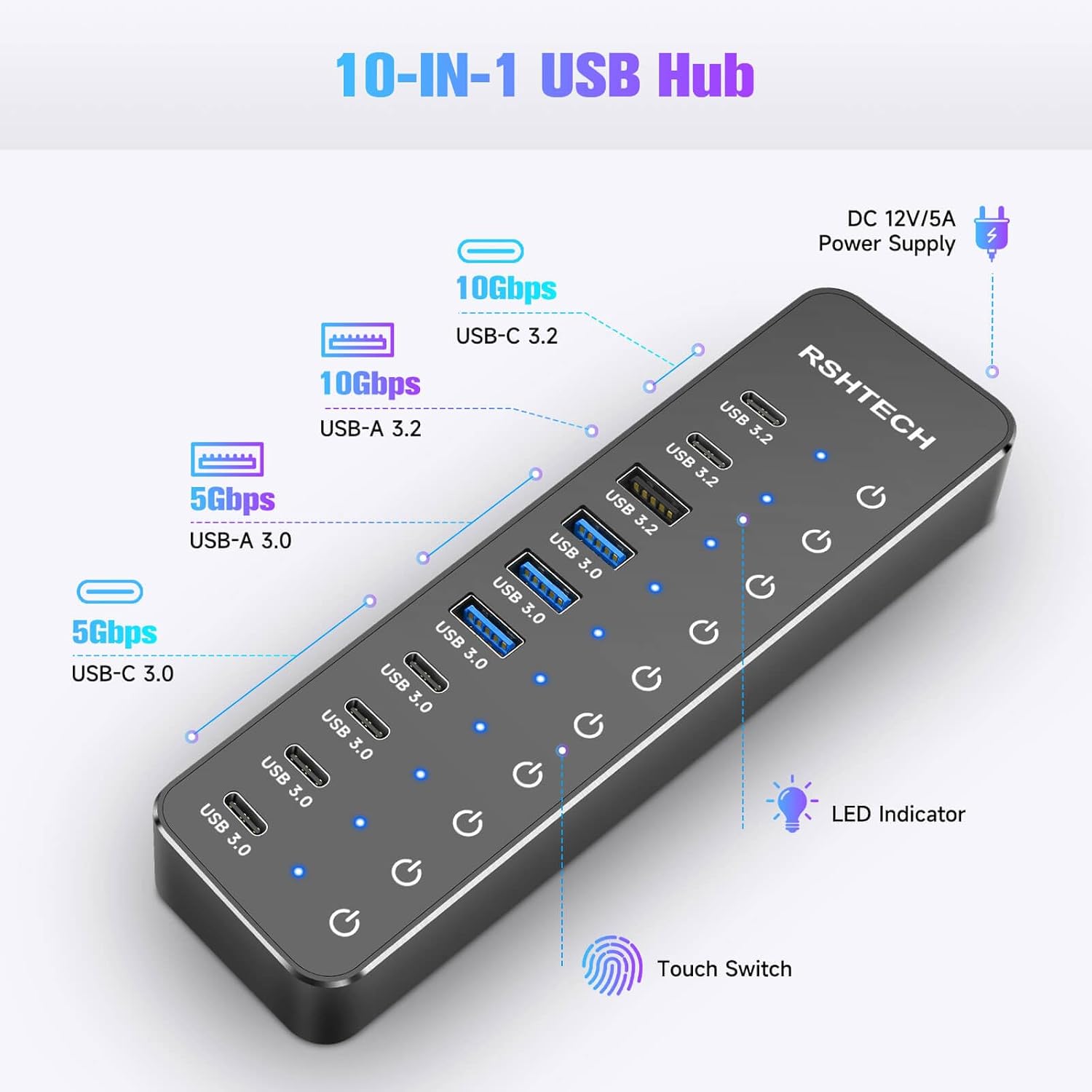 RSHTECH 10 Ports Powered USB 3.2/USB C Hub Splitter 60W with 3 x 10Gbps USB 3.2 Ports (2C + 1A),7 x USB 3.0 Ports (4C + 3A), 3.3ft Cable and Individual Touch Switches for Laptop PC - Image 2