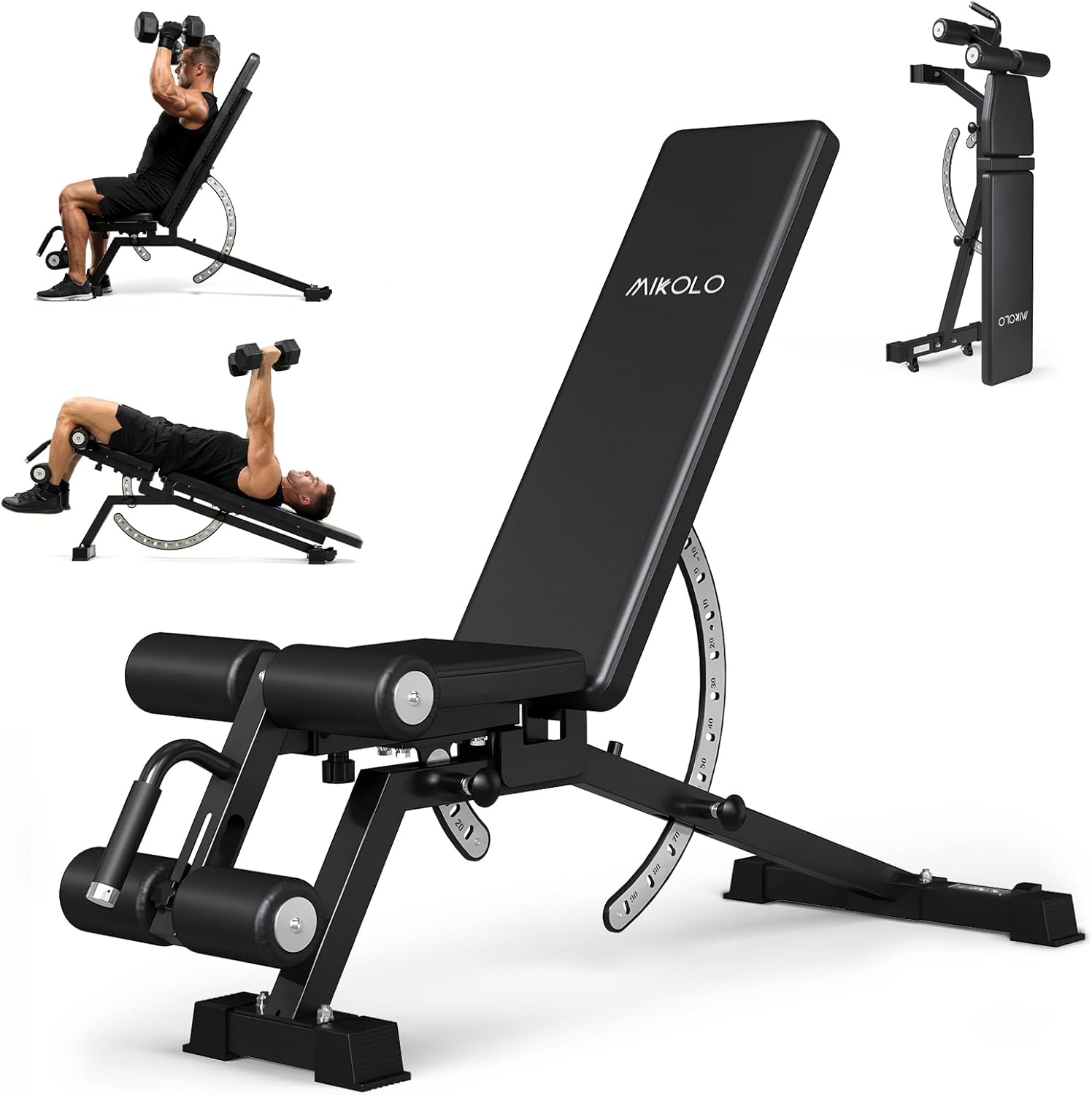 Mikolo 1200LB Weight Bench, Adjustable Workout Bench with Detachable Leg Support, Vertical Storage Space-Saving Exercise Bench for Home Gym, Incline Flat Decline Sit Up Bench for Full Body Fitness