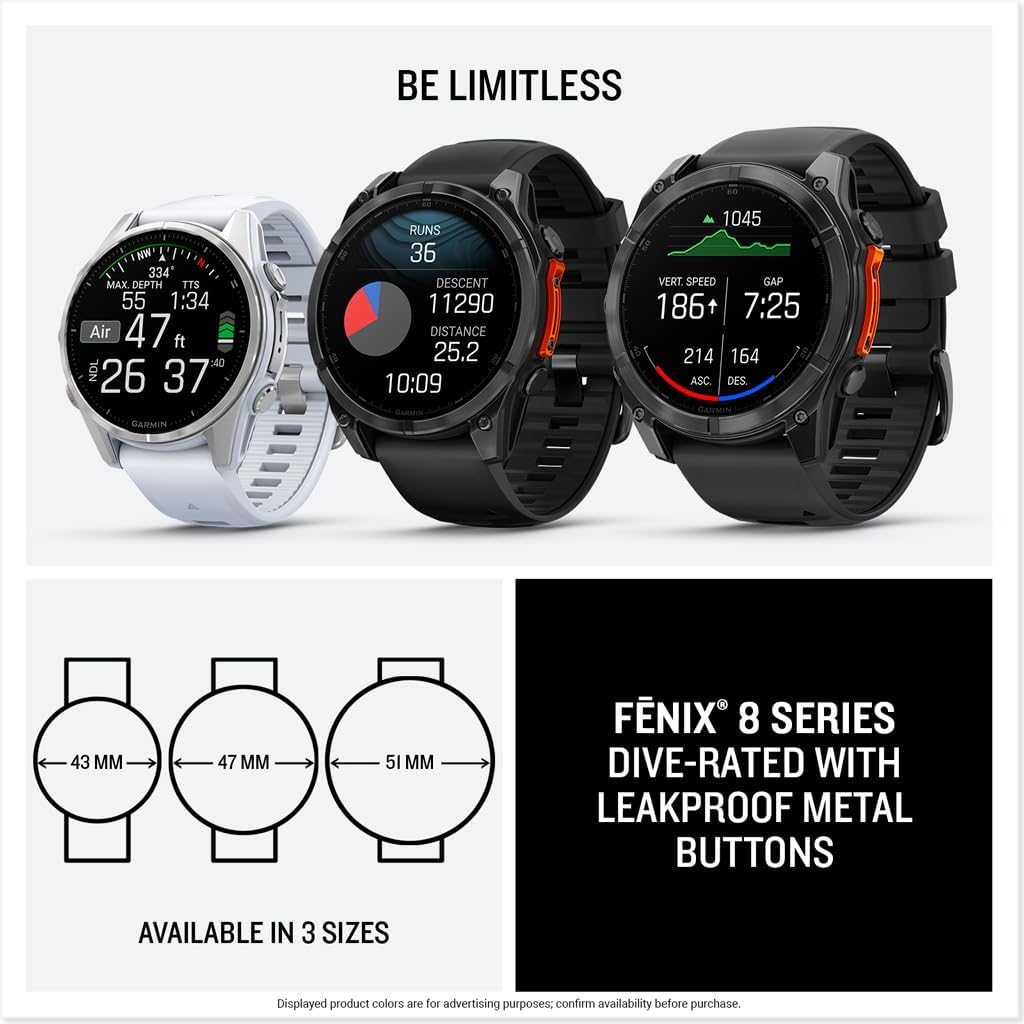 Garmin fēnix® 8 – 47 mm, AMOLED, Sapphire, Premium Multisport GPS Smartwatch, Long-Lasting Battery Life, Dive-Rated, Built-in LED Flashlight, Carbon Gray DLC Titanium with Pebble Gray Band - Image 8