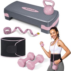 Adjustable Height Aerobic Stepper Set, Multiple Bundle Options with Dumbbells, Kettlebell, Waist Trimmer, Ankle Weights or Weighted Vest, Workout Exercise Step Platform w/Level Risers, 4 Colors