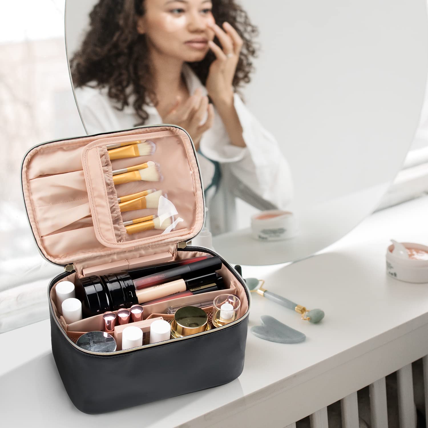 OCHEAL Makeup Bag, Portable Cosmetic Bag, Large Capacity Travel Makeup Case Organizer, Black For Women Toiletry Bag for Girls Traveling With Handle and Divider - Image 8
