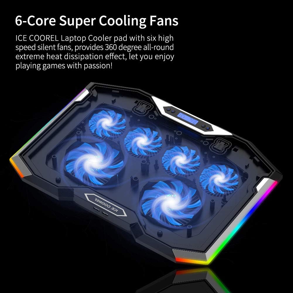 ICE COOREL Gaming Laptop Cooling Pad 15-17.3 Inch, Laptop Fan with 6 RGB Cooling Fans, Laptop Cooling Stand with 6 Height Adjustable, Laptop Cooler with LCD Screen, 2 USB Ports, Phone Stand - Image 2
