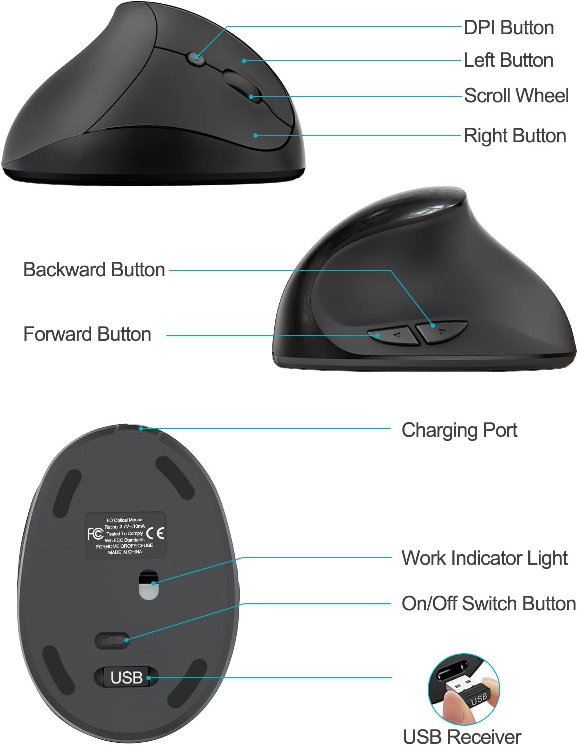 Lekvey Ergonomic Mouse, Vertical Wireless Mouse for Small/Medium Hands, Rechargeable with USB Receiver, 3 DPI for Comfort, Relieves Wrist Pain, Carpal Tunnel Mouse for Laptop, PC, Computer, Mac, Black - Image 8