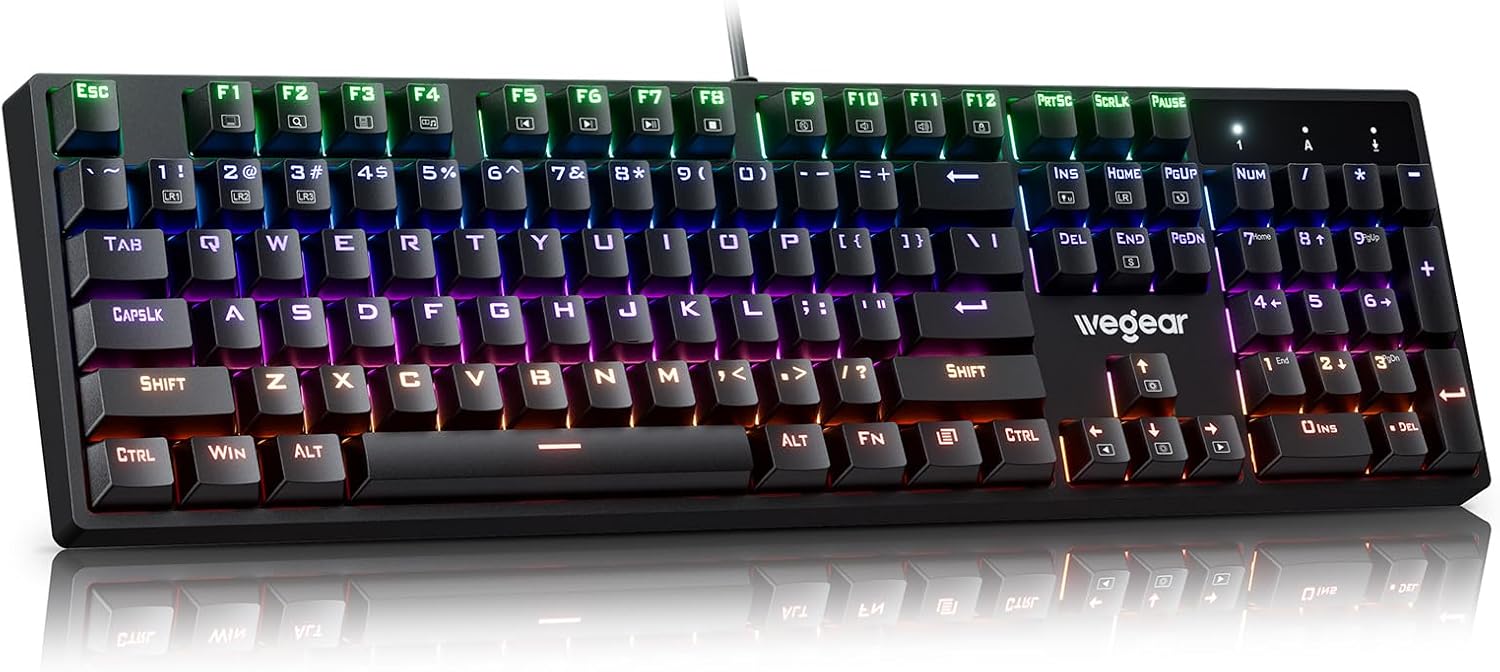 wegear Mechanical Gaming Keyboard with Blue Switch, 104-Key Full Size RGB Backlit Wired Keyboard(11 Modes, Anti-Ghosting, Double-Shot ABS Keycaps, Lighted Computer Key-Board for PC Windows-Black