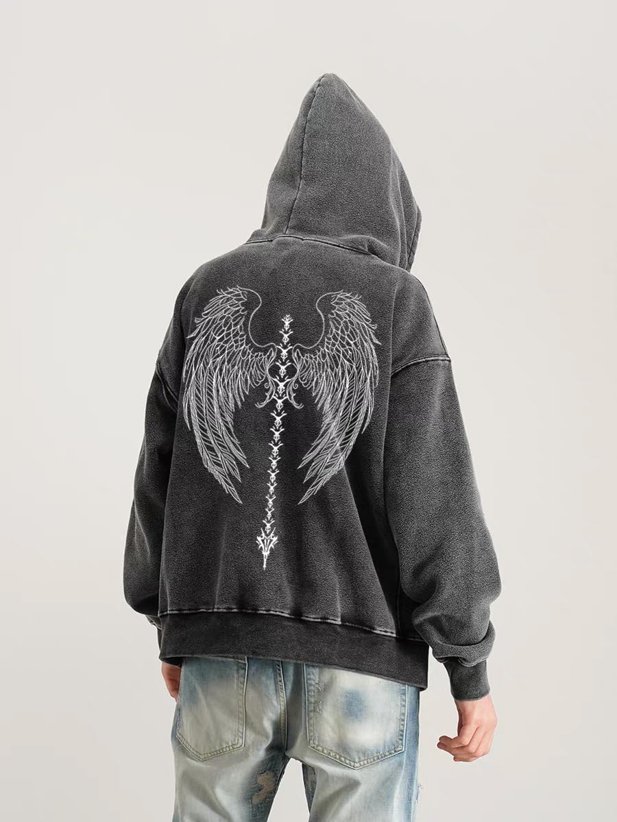 Dynict Unisex Y2K Aicd Wash Gothic Graphic Hoodies Oversize Grunge Skull Wing Print Sweatshirt Casual Fit Pullover - Image 2