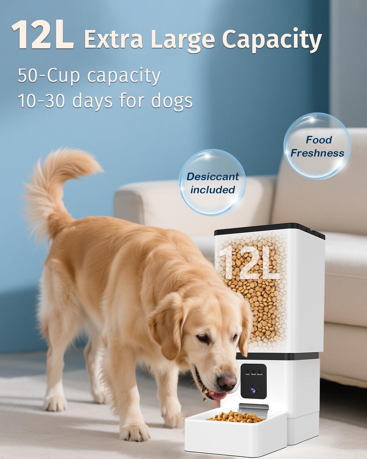 Automatic Dog Feeder Large Breed with Camera - 12L/50 Cups 5G WiFi App Control Dog Food Dispenser, Easy Setup, HD 1080P Video with Night Vision by Yakry - Image 2