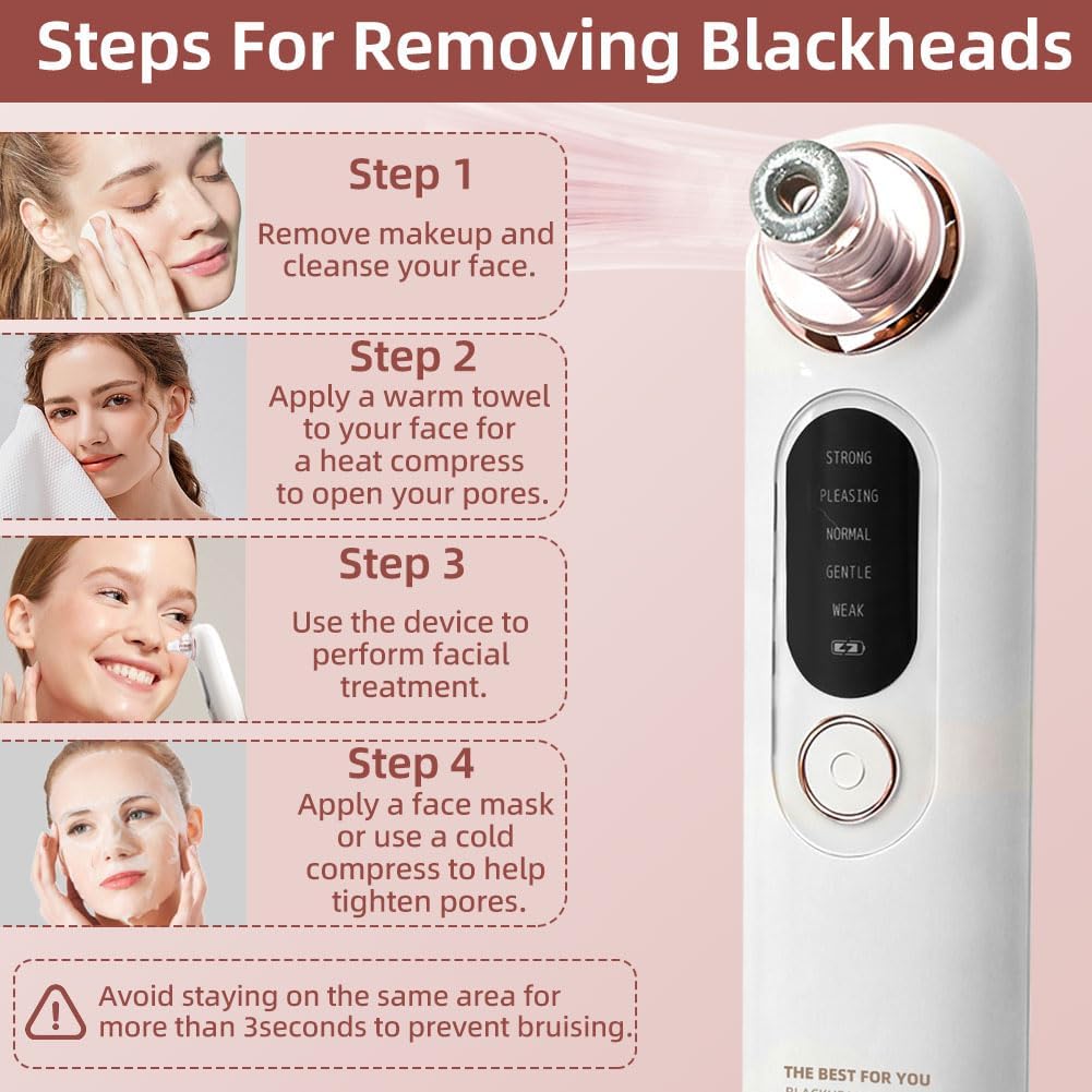 2026 Upgraded 5-Speed Blackhead Remover Vacuum, Type-C Rechargeable Blackhead Extractor with 4 Removable Heads, Black Head Extractor Tool for Women and Men, White Heads Removal for Face & Nose - Image 6
